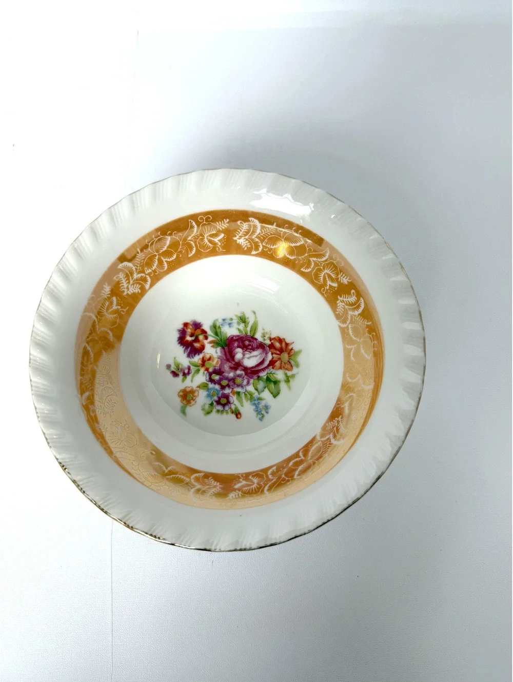 Vintage Floral Japan Porcelain Bowl with Gold and Orange Accent